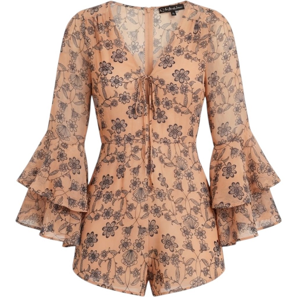 For Love & Lemons Floral Bell Sleeve Romper Tan Black Tie Front Designer Sz S